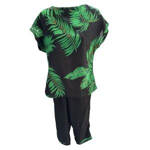 Emery Rose Women's Black Green Palm Leaf Print Top & Pants‎ Set - Size S